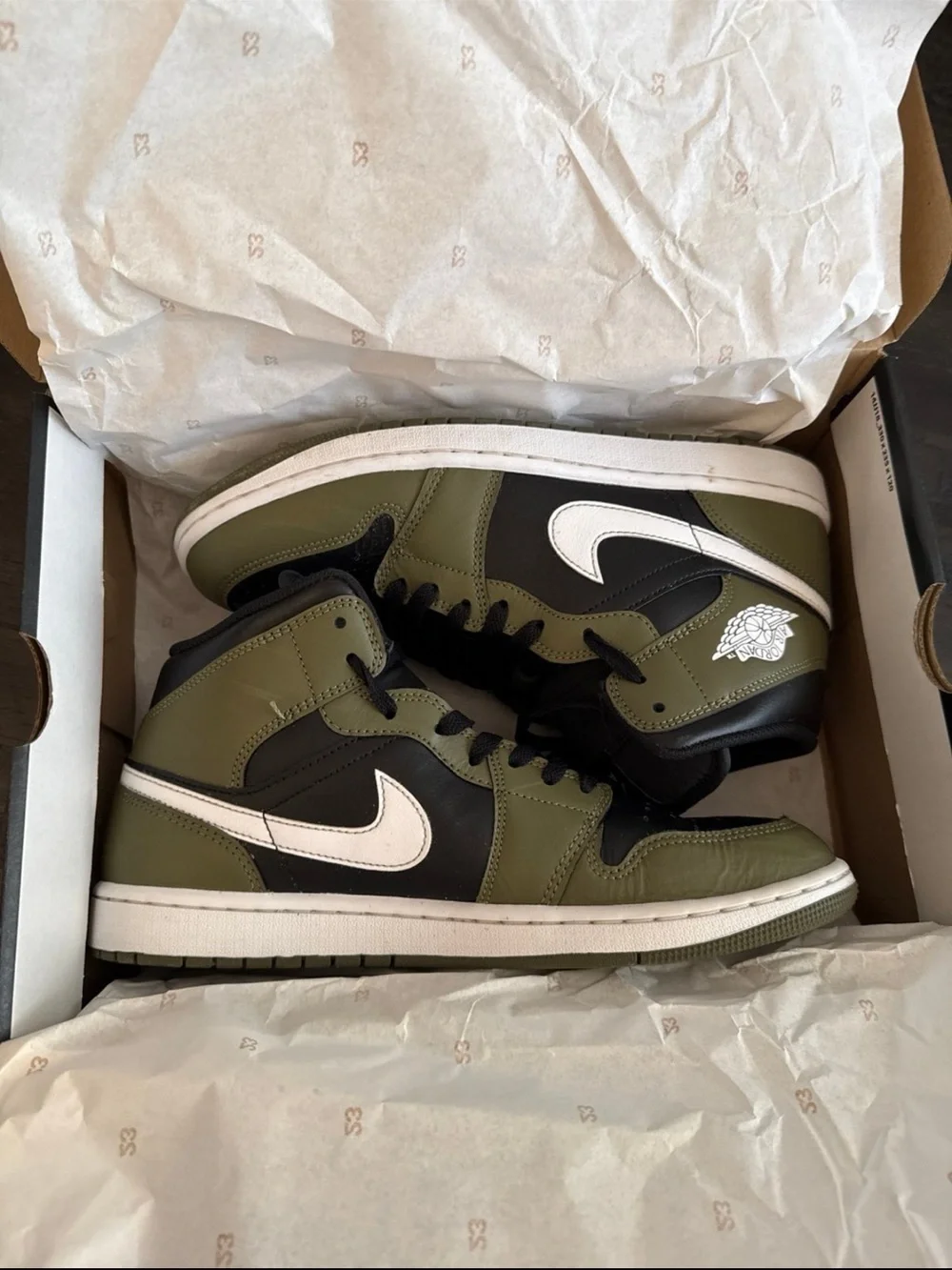Jordan 1 Mid Black White Olive. Mens 10. pre-owned. Worn.